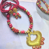 Maroon Cotton Beads Antique Pendant Necklace Set with earrings
