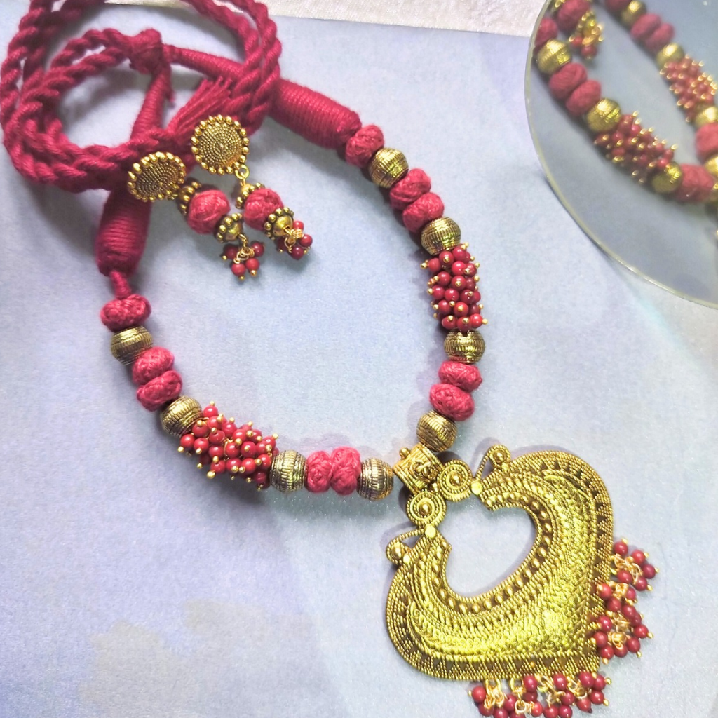 Oxidized Golden Maroon  cotton Necklace