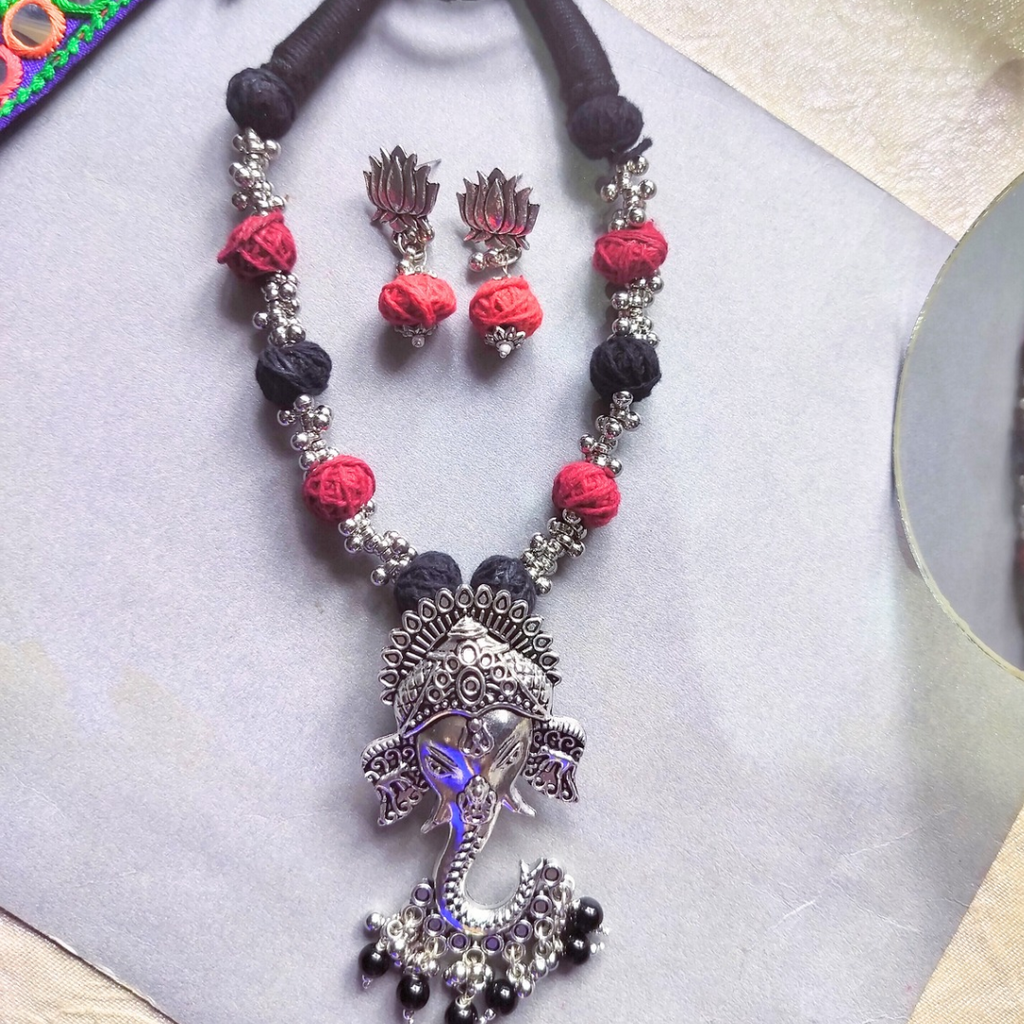 Oxidized Ganesh Cotton Necklace