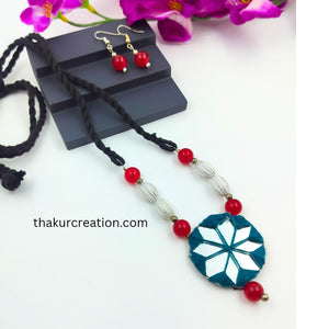Blue Fabric Necklace Set with Mirror & Beads