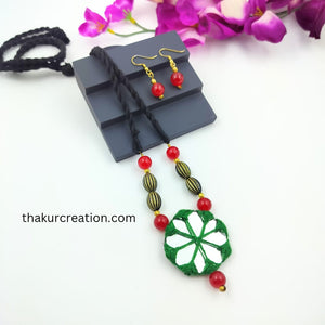 Green Mirror Fabric Necklace Set with Beads
