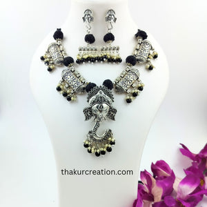 Black Cotton Beads Necklace Set with Oxidized Ganesh Pendant & earrings