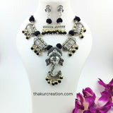 Black Cotton Beads Necklace Set with Oxidized Ganesh Pendant & earrings