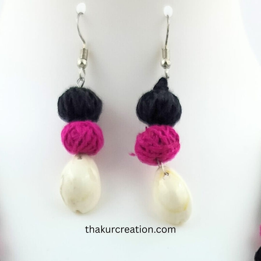 Pink & Black Cotton Beads Kundi Necklace Set with earrings