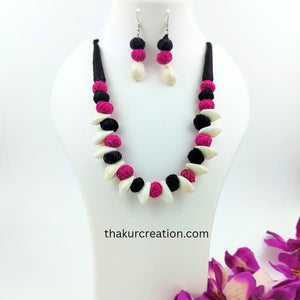 Pink & Black Cotton Beads Kundi Necklace Set with earrings