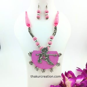 Pink Fabric & Cotton Beads Necklace Set with Oxidized Krishna Pendant & earrings