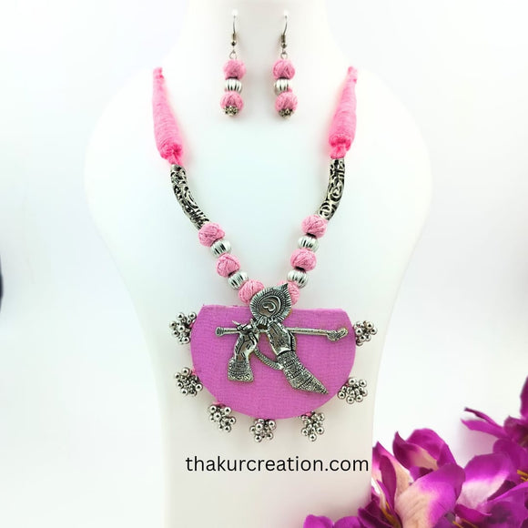 Pink Fabric & Cotton Beads Necklace Set with Oxidized Krishna Pendant & earrings