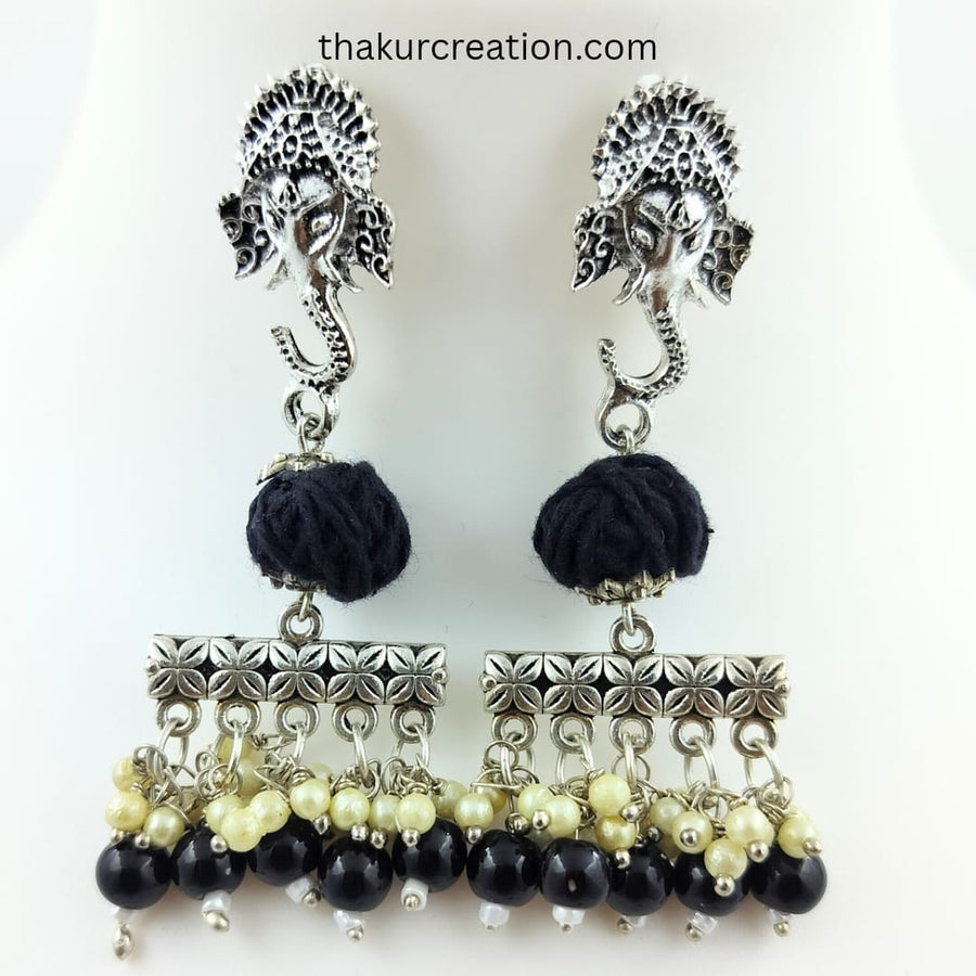 Black Cotton Beads Necklace Set with Oxidized Ganesh Pendant & earrings