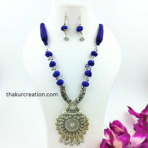 Blue Cotton Beads Oxidized Pendant Necklace Set with earrings