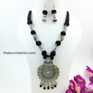 Black Cotton Beads Oxidized Pendant Necklace Set with earrings
