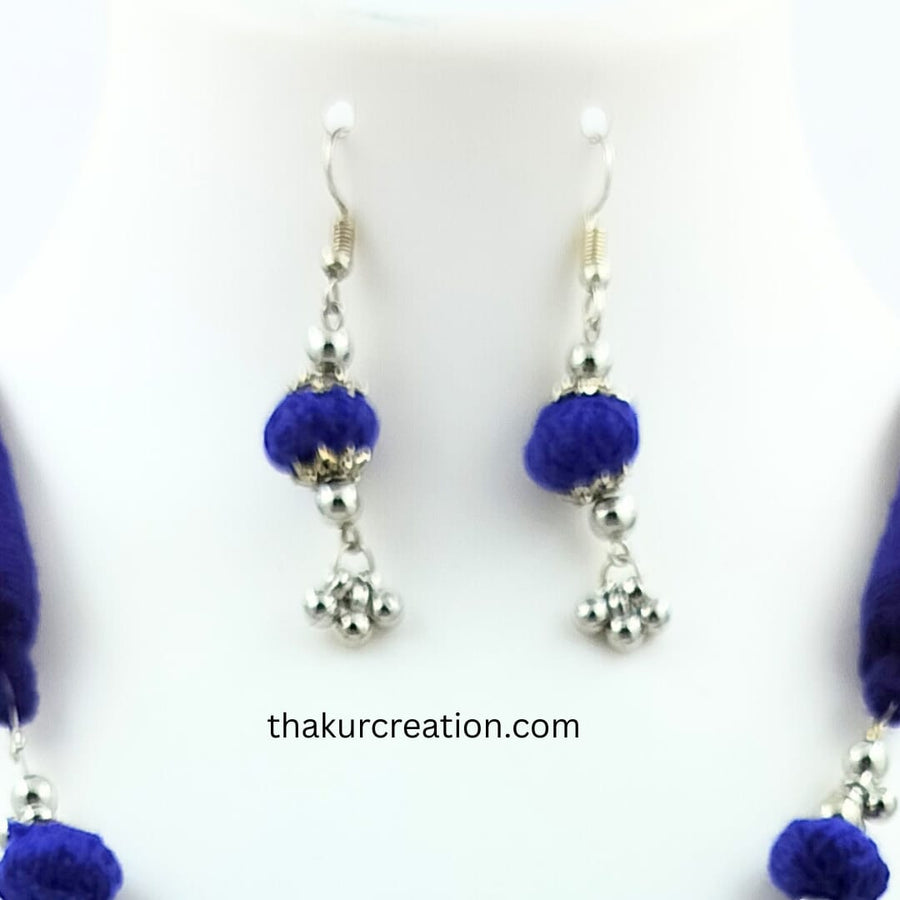 Blue Cotton Beads Oxidized Pendant Necklace Set with earrings