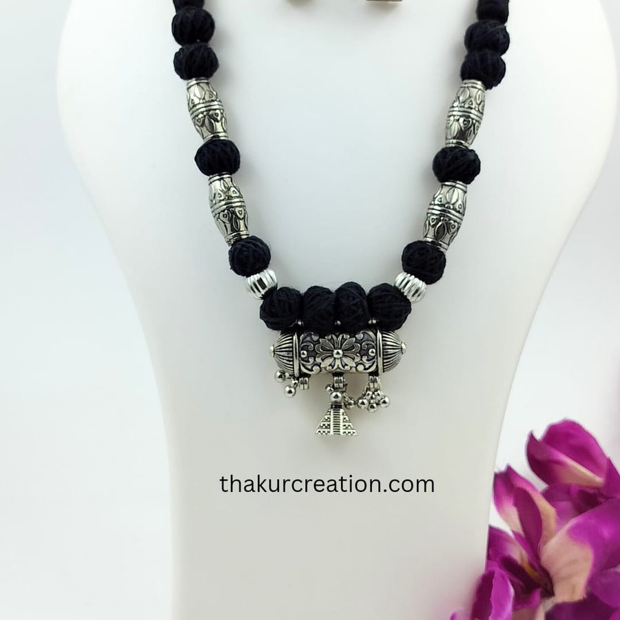 Black Cotton Beads Oxidized Pendant Necklace Set with earrings