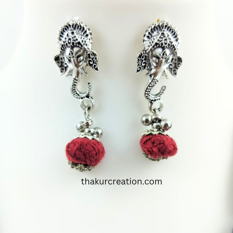 Black & Maroon Cotton Beads Oxidized Ganesh Pendant Necklace Set with earrings