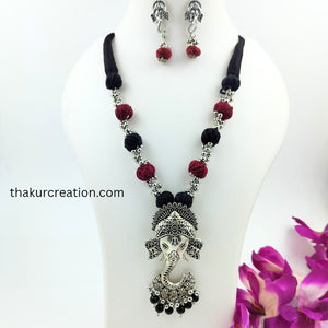 Black & Maroon Cotton Beads Oxidized Ganesh Pendant Necklace Set with earrings