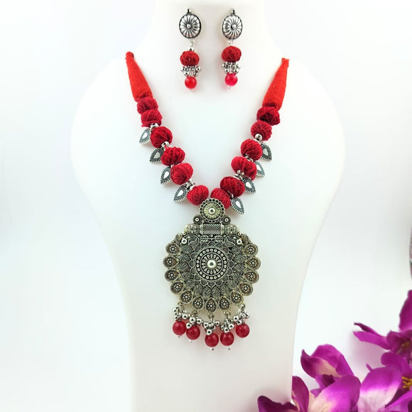 Red Cotton Beads Oxidized Pendant Necklace Set with earrings