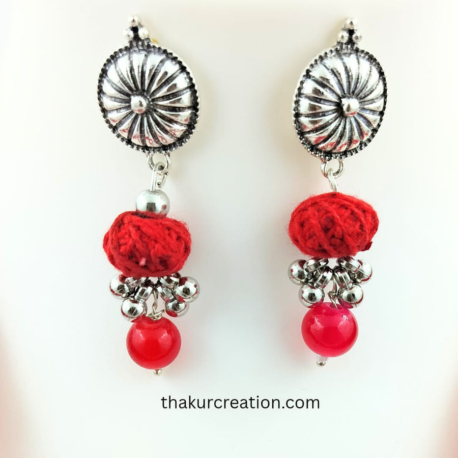 Red Cotton Beads Oxidized Pendant Necklace Set with earrings