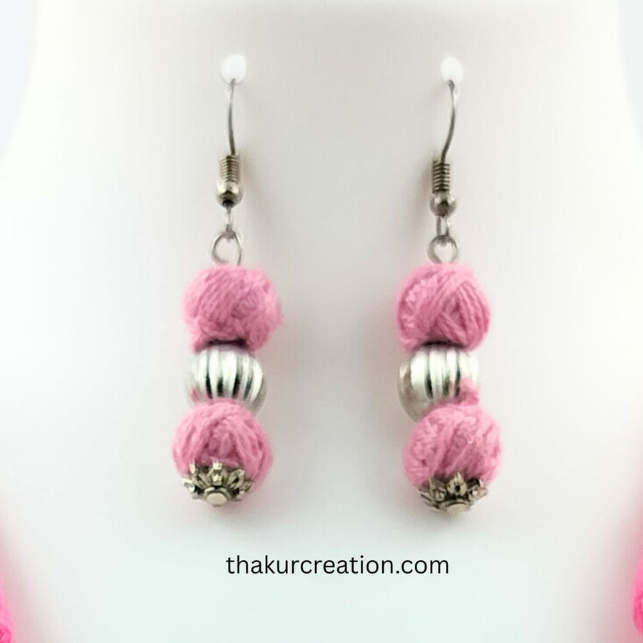 Pink Fabric & Cotton Beads Necklace Set with Oxidized Krishna Pendant & earrings