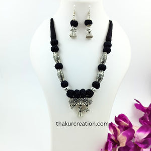Black Cotton Beads Oxidized Pendant Necklace Set with earrings