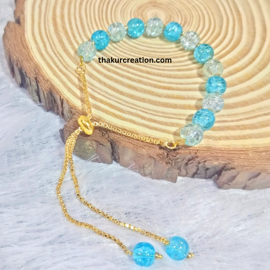 Sky Blue Crackle Beads Golden Adjustable Bracelet