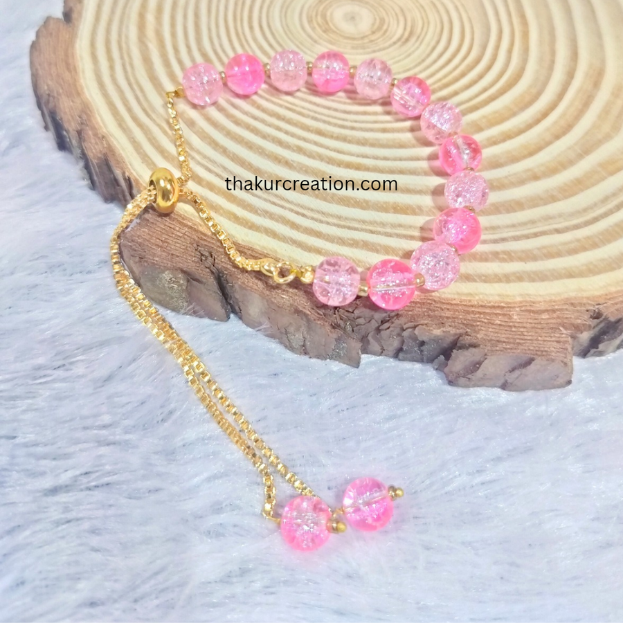 Pink Crackle Beads Golden Adjustable Bracelet