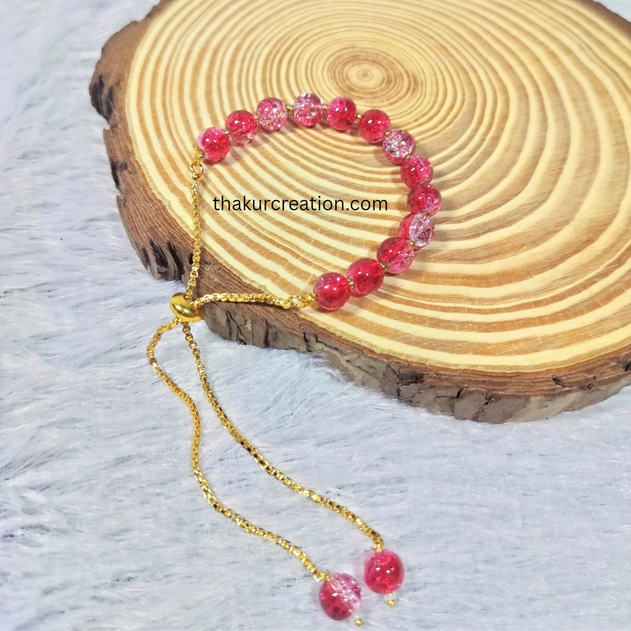 Red Crackle Beads Golden Adjustable Bracelet