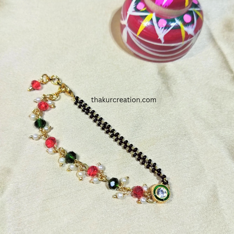 Red & Green Crystal Beads Kundan Hand Mangalsutra