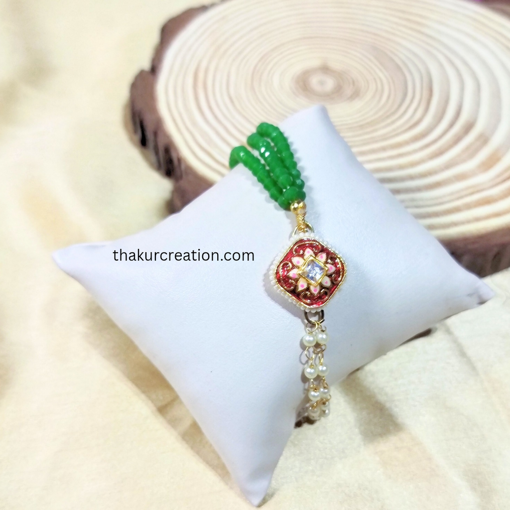 Green Crystal Beads with Pearl Chain Kundan Bracelet